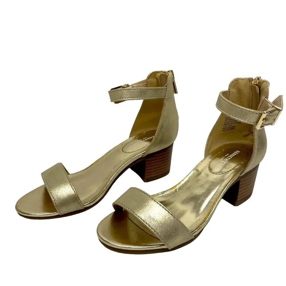Kenneth Cole Sandals Metallic Gold Open Toe Zipper Heal Ankle Buckle Girl Size 1